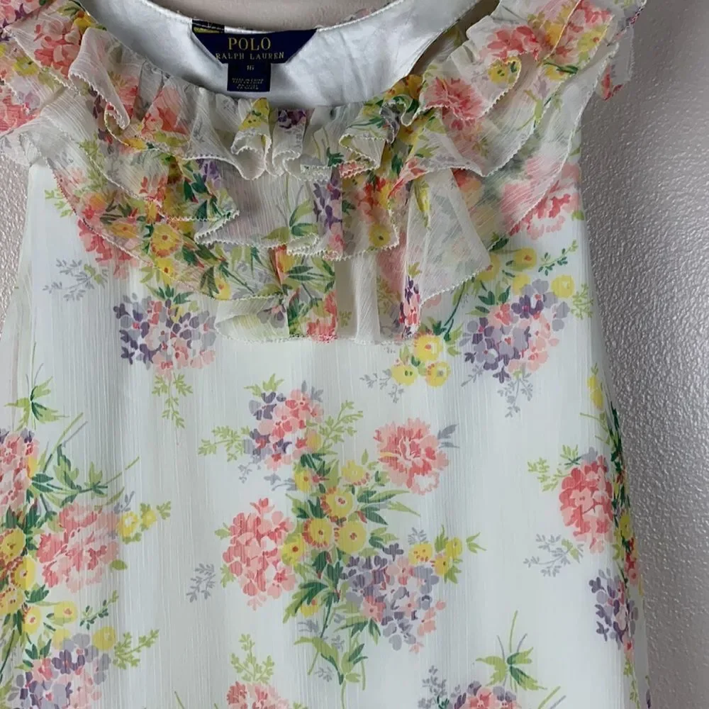 Girl Ralph Lauren Floral Chiffon Ruffle Shift Dress Size 16 Pastel Spring Easter